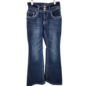 SKY Premium Jeans Womens Flare Denim Rhinestone Embroidered Wing Pocket 7/8